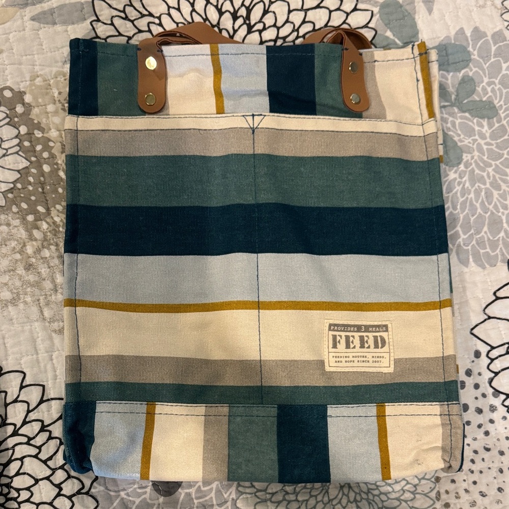 FEED Striped Canvas Tote Bag - Blue, Green, Yellow